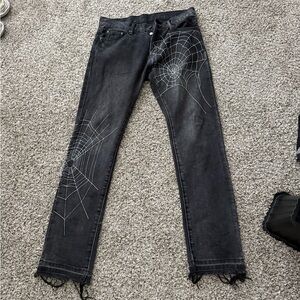 MNML Charcoal Straight Jeans with Spider Web Design